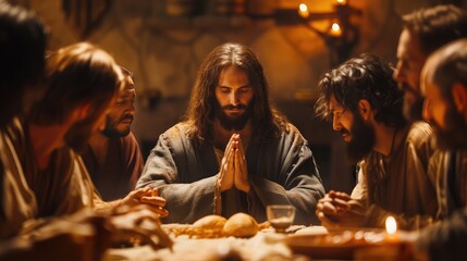 Scene, of Jesus Christ praying during the last supper with his apostles - obrazy, fototapety, plakaty
