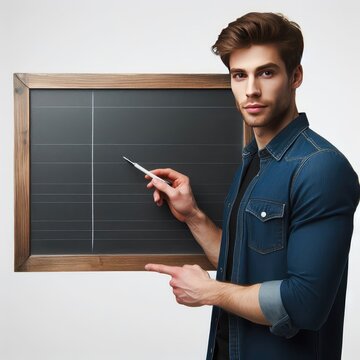 focused young man holds a pen and explains on a blackboard isolated on white background