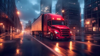 Truck Transportation logistics defined by a powerful  commercial semi-truck speeding under stormy skies, capturing the essence of cargo delivery and truck transportation logistics