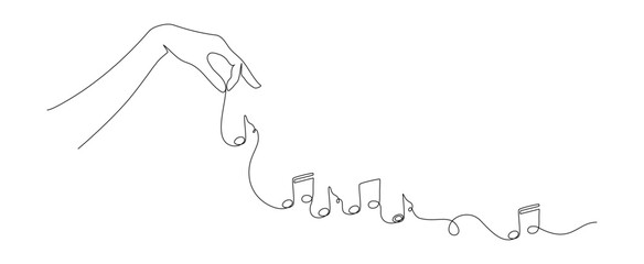 One continuous line drawing of musical notes with hand. Horizontal web banner and minimalist logo of sound and music school in simple linear style. Editable stroke. Doodle vector illustration © Olga Rai