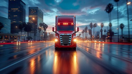 Truck Transportation logistics prowess displayed as a commercial blue semi-truck powers down an open road, symbolizing industry, cargo, speed, and advanced truck transportation logistics