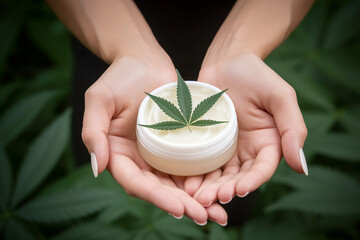 Cannabis cream in hands. Advertisement for hand cosmetics