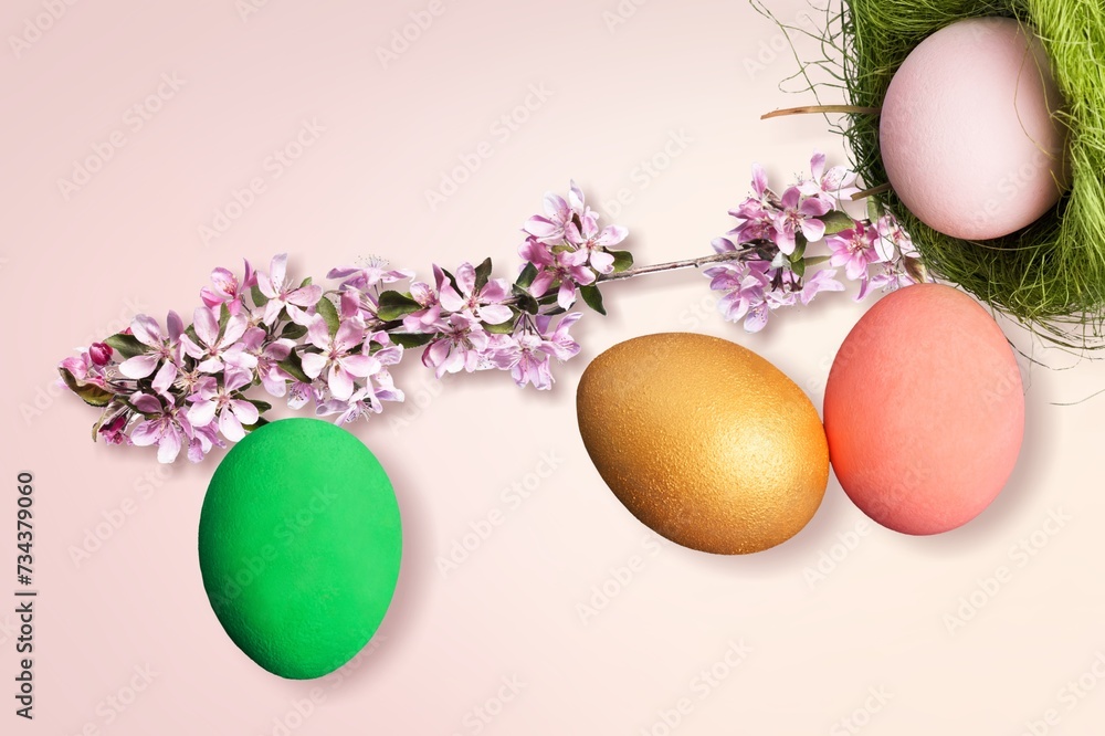 Wall mural easter concept, colored eggs with fresh flowers