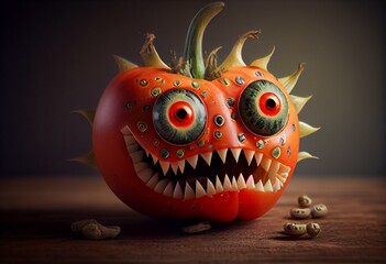 A ghoulish tomatos with eyes and teeth resembling a Halloween decoration. AI generated. Generative AI