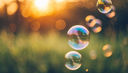 soap bubbles dance against a sunset backdrop, evoking serenity and romance in the great outdoors