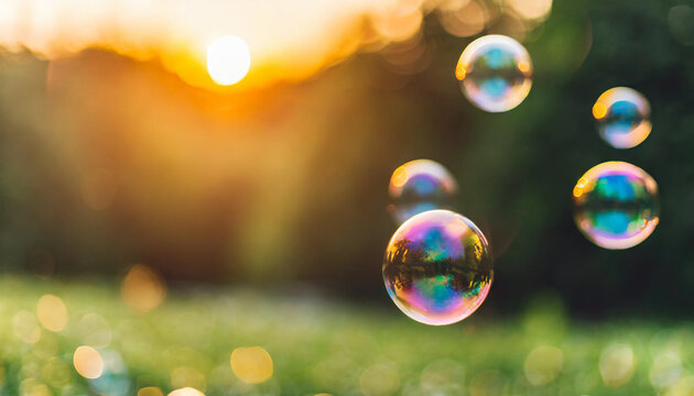soap bubbles dance against a sunset backdrop, evoking serenity and romance in the great outdoors