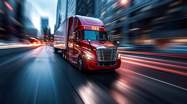 Truck Transportation logistics captured by a commercial blue semi-truck speeding past, highlighting themes of trade, supply chain velocity, and steadfast truck transportation logistics
