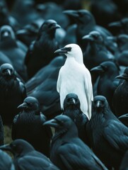 A solitary white bird stands out amidst a flock of black crows, symbolizing uniqueness and difference.
