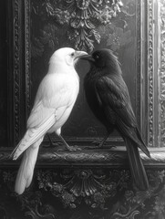 Two birds, one black and one white, captured in a stark confrontation against a dark background.