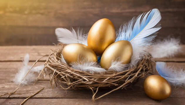 Golden of easter eggs in nest and feather on wooden background.  Happy easter concept with copy space