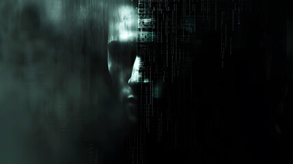 Silhouette of a hacker in front of a binary code background,Cyber attack concept with man in mask and binary code on black background.