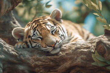 Photo of a tiger sleeping in the tree