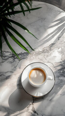Morning Serenity: A Steaming Cup of Coffee on a Marble Table, Illuminated by Sunlight Filtering Through Lush Greenery.