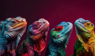 Fotobehang ensemble of colorful reptiles on a gradient  dark bordeaux background © Klay