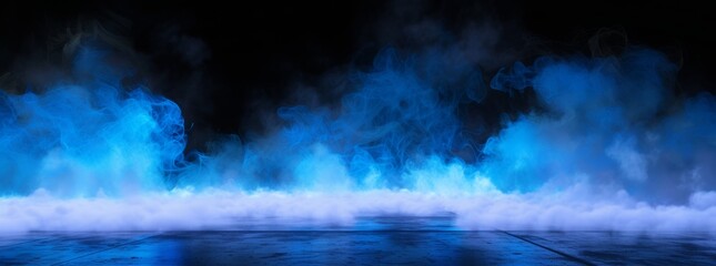 Smoke blue magic ground light cloud floor dark effect black background halloween night. Blue abstract magic mystery smoke aura fog overlay steam water spooky neon line air purple wave smoky