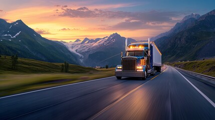 Truck Transportation logistics captured by a commercial blue semi-truck speeding past, highlighting themes of trade, supply chain velocity, and steadfast truck transportation logistics - obrazy, fototapety, plakaty