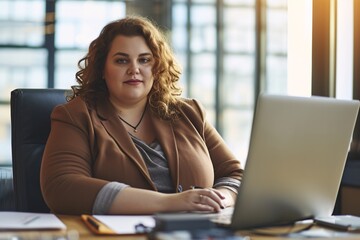 Overweight woman office employee sitting at the desk next to computer healthy  in office job concept = Generative ai