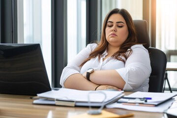 Overweight woman office employee sitting at the desk next to computer healthy  in office job concept = Generative ai