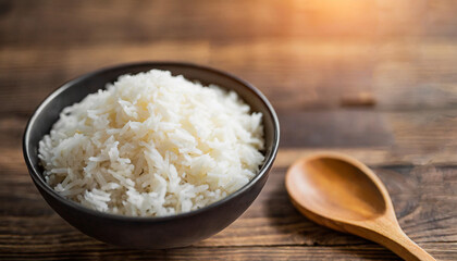 Cooked rice in bowl on wooden background, symbolizing nutrition, sustenance, Asian cuisine. Copy...