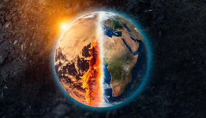 Half-burnt Earth symbolizing global warming crisis, depicting environmental devastation and urgency for action - obrazy, fototapety, plakaty