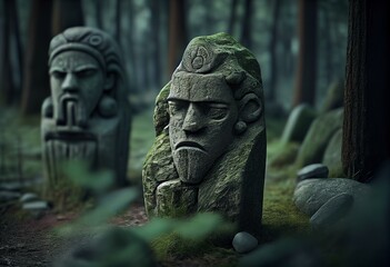 Fototapeta na wymiar In the middle of the forest in the clearing there are stone figures. 3D illustration. Generative AI