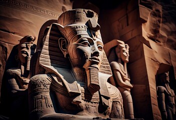 Statue of Pharaoh Ramses II in front of The Great Temple of Ramses II in the village of Abu Simbel. Generative AI - obrazy, fototapety, plakaty