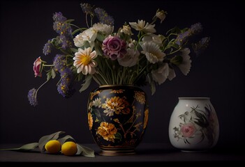 a vase filled with lots of flowers on a table next to a couple of flowers on a table top next to a vase with flowers in it and a black background behind it, with a. Generative AI