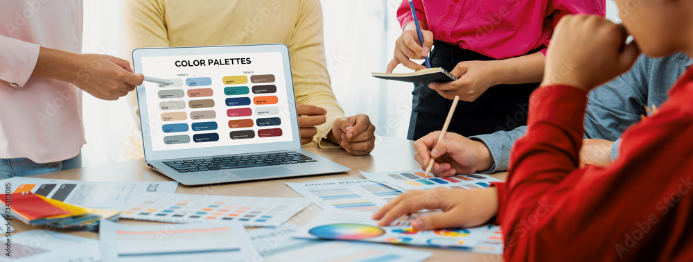 Aufkleber a portrait of creativity graphic designer team select appropriate color for the project by using lap