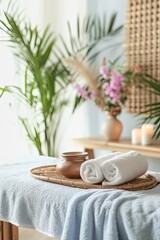 Fototapeta na wymiar Serene At-Home Spa Setting With Rolled Towels, Candles, and Plants in Daylight