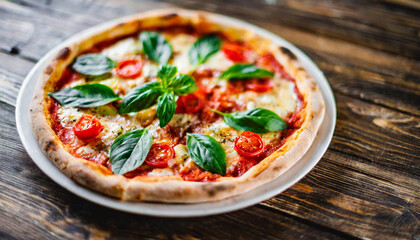 Gourmet pizza on dark wood table, fresh and delicious. Copy space