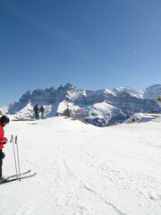Fototapeta na wymiar Skiers take a break to view the Dents du Midi
