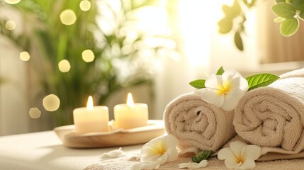 Fototapeta na wymiar Serene Spa Setting With Rolled Towels, Candles, and Flowers in Golden Afternoon Light