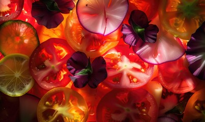 Slices of fresh tomatoes and cucumbers as background, top view