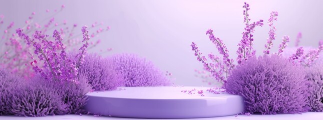 Lavender podium flower background purple product nature platform stand summer 3d table. Cosmetic podium lilac abstract field studio beauty flower spring lavender floral display plant backdrop crystal - obrazy, fototapety, plakaty