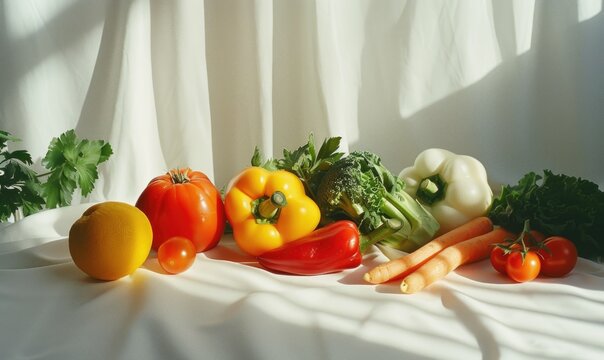 Fresh vegetables on white fabric. Healthy food concept. Selective focus.