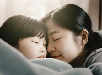 Asian mother with her little child. Sleeping together and smiling.