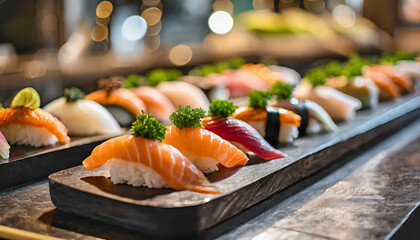 sushi and sashimi on catering table, inviting guests to savor authentic flavors and exquisite presentation - obrazy, fototapety, plakaty