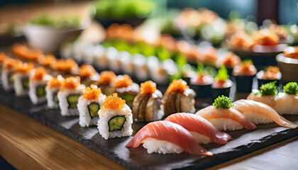 sushi and sashimi on catering table, inviting guests to savor authentic flavors and exquisite presentation