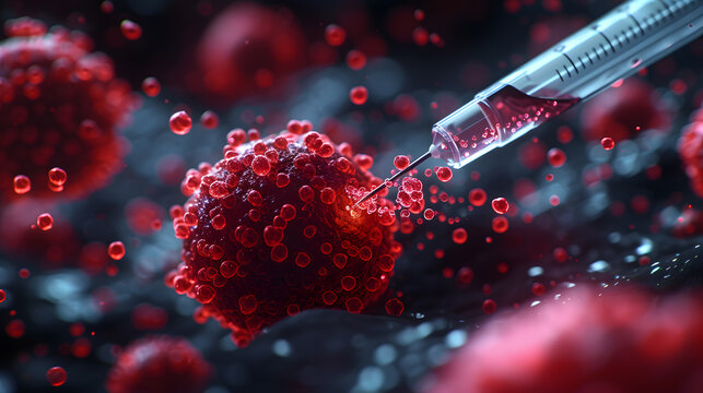 3d rendering of red blood cells and a syringe with a vaccine,3d illustration of pathogenic bacteria. Viruses in infected organism. Microscope virus