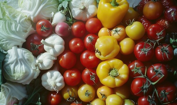 Vegetables background. Tomatoes, peppers, onions and garlic