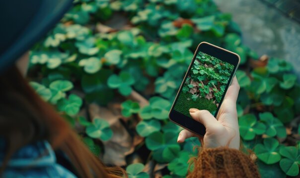 Woman taking photo of green clover leaves with smartphone in the garden