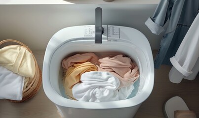 Fototapeta na wymiar Clothes in a top-loading washing machine closeup, top view