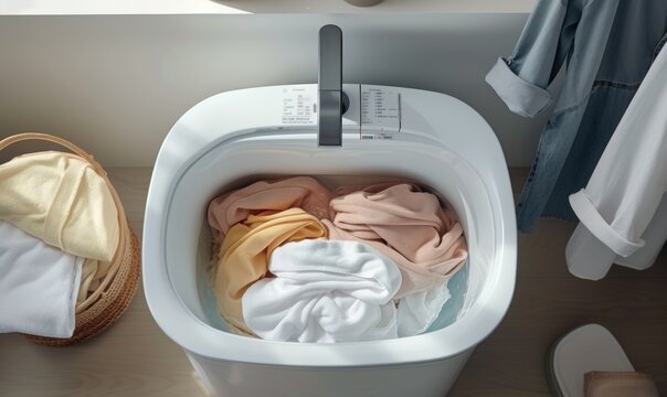 Clothes in a top-loading washing machine closeup, top view