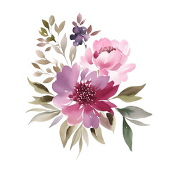 Watercolor greeting card with peony flowers, hand drawn on a white background