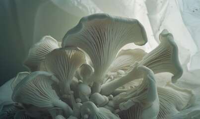 White oyster mushrooms on a white background. Selective focus. - obrazy, fototapety, plakaty