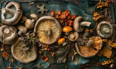 Autumn still life with mushrooms and autumn leaves on a blue background - obrazy, fototapety, plakaty