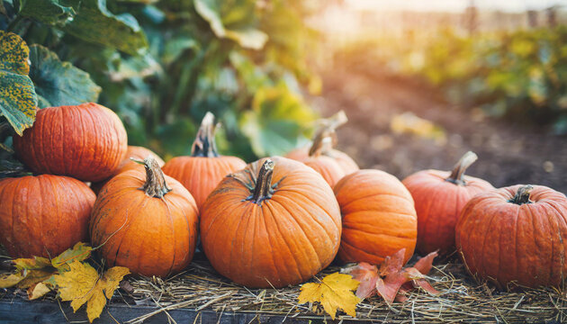 Pumpkins At Market, Symbolizing Autumn Harvest. Copy Space For Seasonal Advertising