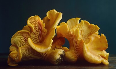 Yellow chanterelle mushrooms on a dark background close-up