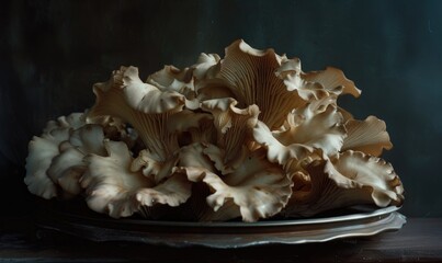 Oyster mushrooms on a dark background. Close-up.