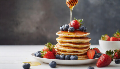 breakfast spread of pancakes topped with fresh strawberries, blueberries, and maple syrup, with honey drizzling in the background